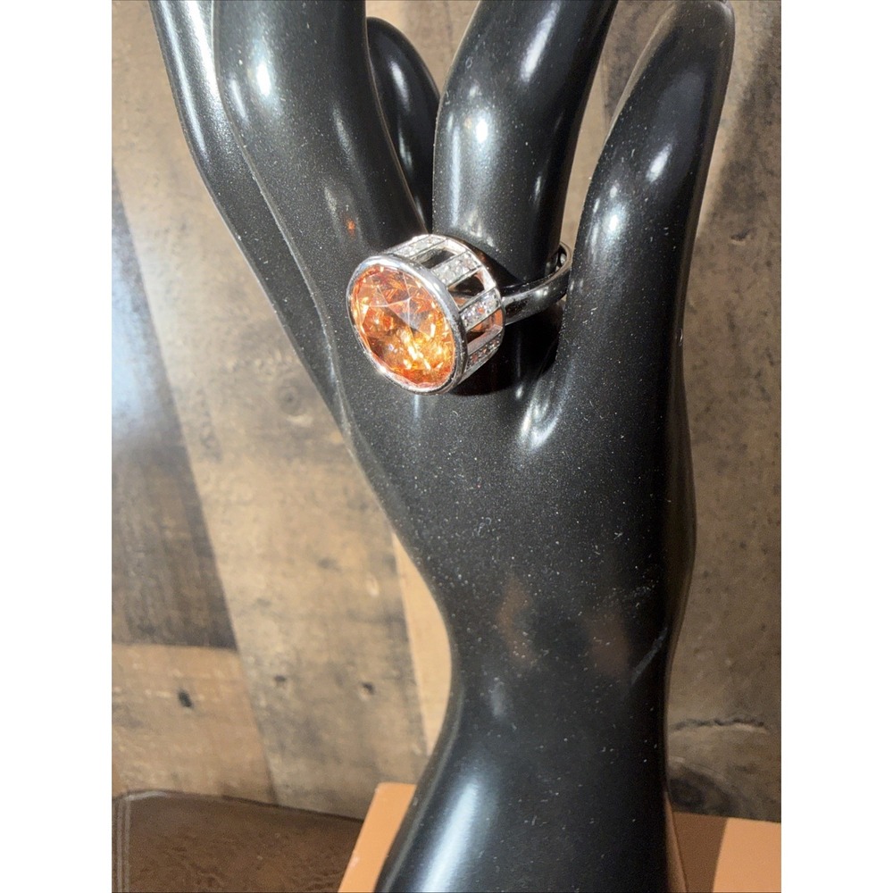 CRISLU .925 Sterling Silver Ring Round Bezel Cut Yellow Orange Citrine Size 6.5